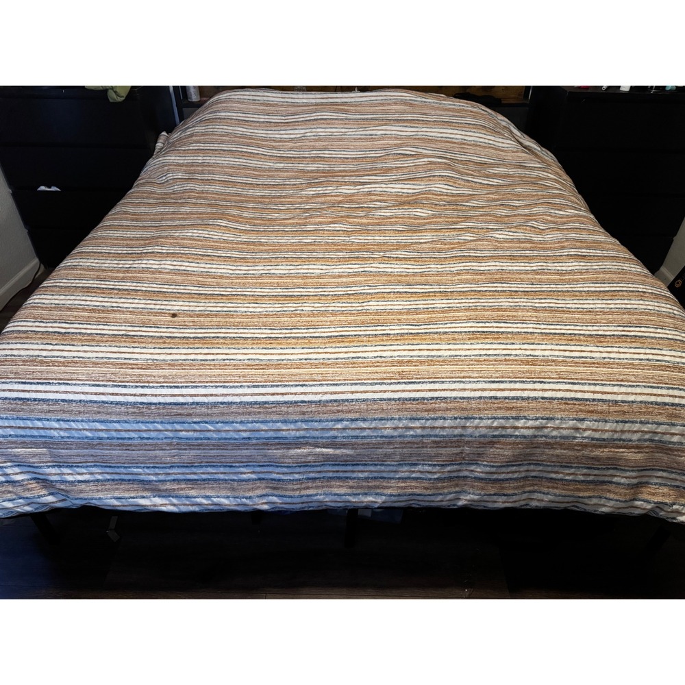 King Bedding Set Comforter Flat Sheet Pillowcases Brown Blue Stripe Rustic 7pc